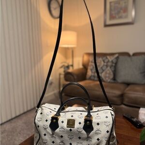 MCM White and Black Satchel with Bold Patterns
